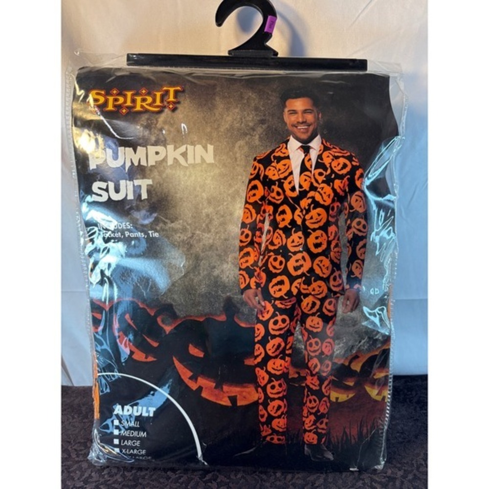 Spirit Halloween Mens Pumpkin Suit Jack-O-Lantern Costume Jacket Pants Tie 2XL